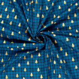 Coton de Noël imprimé tartan et sapin doré fond bleu