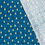 Coton de Noël imprimé tartan et sapin doré fond bleu