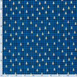 Coton de Noël imprimé tartan et sapin doré fond bleu