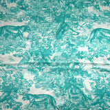 Satin de soie imprimé dans la jungle turquoise fond blanc