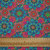 Coton imprimé mandala corail, bleu et rose