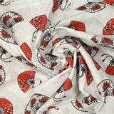 Coton imprimé éventail rouge et noir fond blanc
