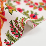 Popeline de coton imprimée floral exotique rouge et vert fond blanc