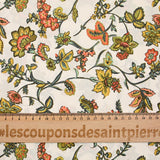 Popeline de coton imprimé digital fleurs indiennes corail et olive sur fond écru