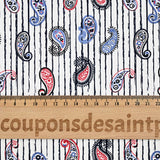 Coton imprimé cachemire bleu barbeau et rouge fond rayé bleu marine