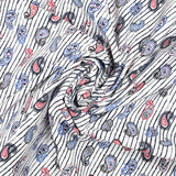 Coton imprimé cachemire bleu barbeau et rouge fond rayé bleu marine