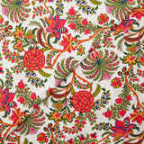 Popeline de coton imprimée floral exotique rouge et vert fond blanc