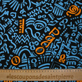 Sergé de coton imprimé graffitis bleu et orange fond noir