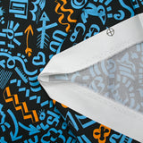 Satin de coton léger imprimé graffitis bleu et orange fond noir