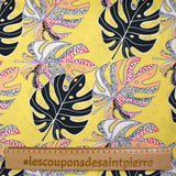 Linen Print Viscose Rain of Monsteras Yellow Nankin background