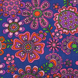 Velours de coton côtelé imprimé fleurs psychédéliques fond indigo