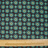 Velours de coton côtelé imprimé rosaces turquoise fond marron