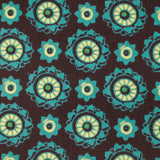 Velours de coton côtelé imprimé rosaces turquoise fond marron