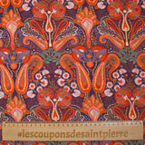 Velours de coton côtelé imprimé cachemire orange fond violet