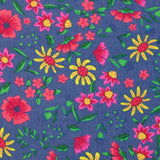 Velours de coton côtelé imprimé vent de fleurs fond bleu barbeau
