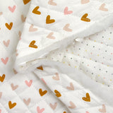 Double-sided quilted cotton polka dots and hearts white background per meter