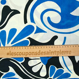 Cotton voile with blue and black arabesque print on white background