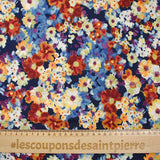 Maille crêpe imprimée fleurs bleu, orange et violet fond marine