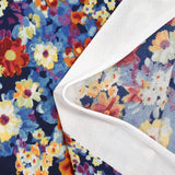 Maille crêpe imprimée fleurs bleu, orange et violet fond marine
