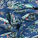 Lino y algodón estampado trópico hawaiano fondo azul.