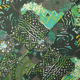 Maille crêpe imprimée patchwork ethnique turquoise et vert fond kaki