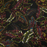 Twill de viscose imprimé cachemire lie de vin, kaki et ocre fond noir