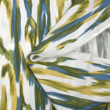 Viscose crepe printed abstract waves green and blue white background