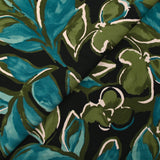 Twill de viscose imprimé nature en peinture turquoise et kaki fond noir