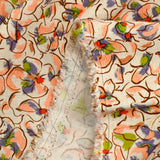 Viscose linen printed with blush and purple pansy flowers on an ecru background