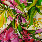 Voile de viscose imprimé Hawaiian hibiscus rose fond ivoire