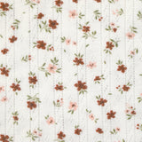 Jersey pointelle coton imprimé envolée de fleurs rose et brique fond blanc cassé