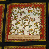 Georgette crepe square printed with flowers and birds in red and ecru black background