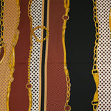 Satin polyester twill printed with gold straps on burgundy, ocher and black bands
