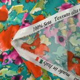 Satin de soie imprimé douceur en peinture fond turquoise
