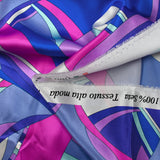 Satin de soie imprimé danse évasive magenta, bleu et parme