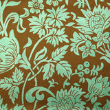 Satin de soie imprimé fleurs et feuillages vert d’eau fond noisette
