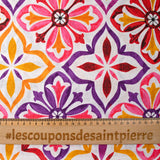 Polycotton printed earthenware pink, purple and mustard white background