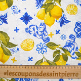 Polycotton printed lemon azulejo white background