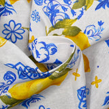 Polycotton printed lemon azulejo white background