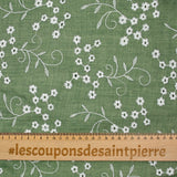 Twill de polyester brodé marguerite fond kaki
