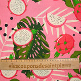 Polycotton printed monstera and dragon fruit pink background
