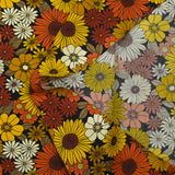 Viscose imprimée fleurs sixties orange, tournesol et brique