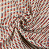 Jacquard de polycoton Lurex rayé bleu et rouge fond blanc cassé