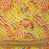 Lin viscose imprimé écailles ensoleillées orange et jaune fond écru