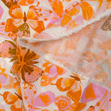 Viscose printed jacquard butterflies lilac and orange white background