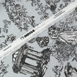 Toile de algodón estampado de Jouy Maël negro fondo gris azulado