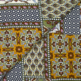 Estampado patchwork de raso de viscosa con adornos en marrón, verde manzana y ocre