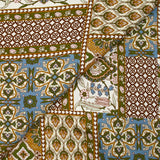 Satin de viscose imprimé patchwork ornement ocre, bleu barbeau et kaki