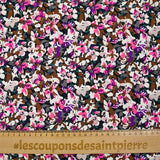 Viscose printed with purple, fuchsia and brown Ornella flowers