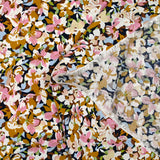 Viscose printed with mustard, pink and baby blue Ornella flowers